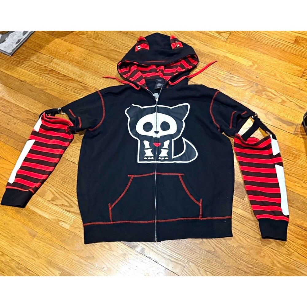 Skelanimals women’s Gothic Full Zip Hoodie Black Red Striped Sleeves M
